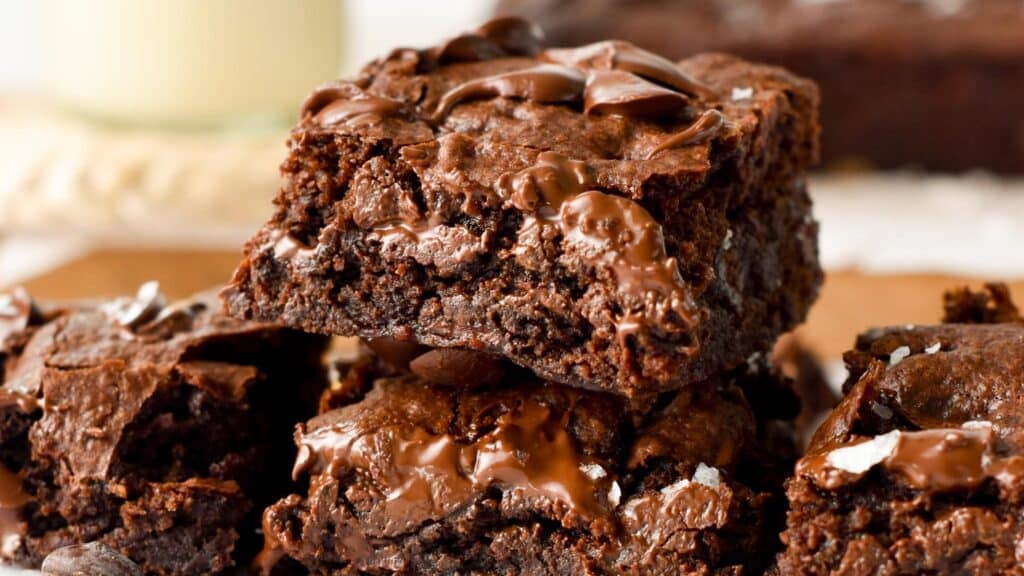 a stack of sugar fudgy brownies