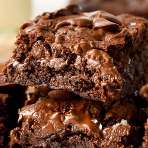 a stack of sugar fudgy brownies