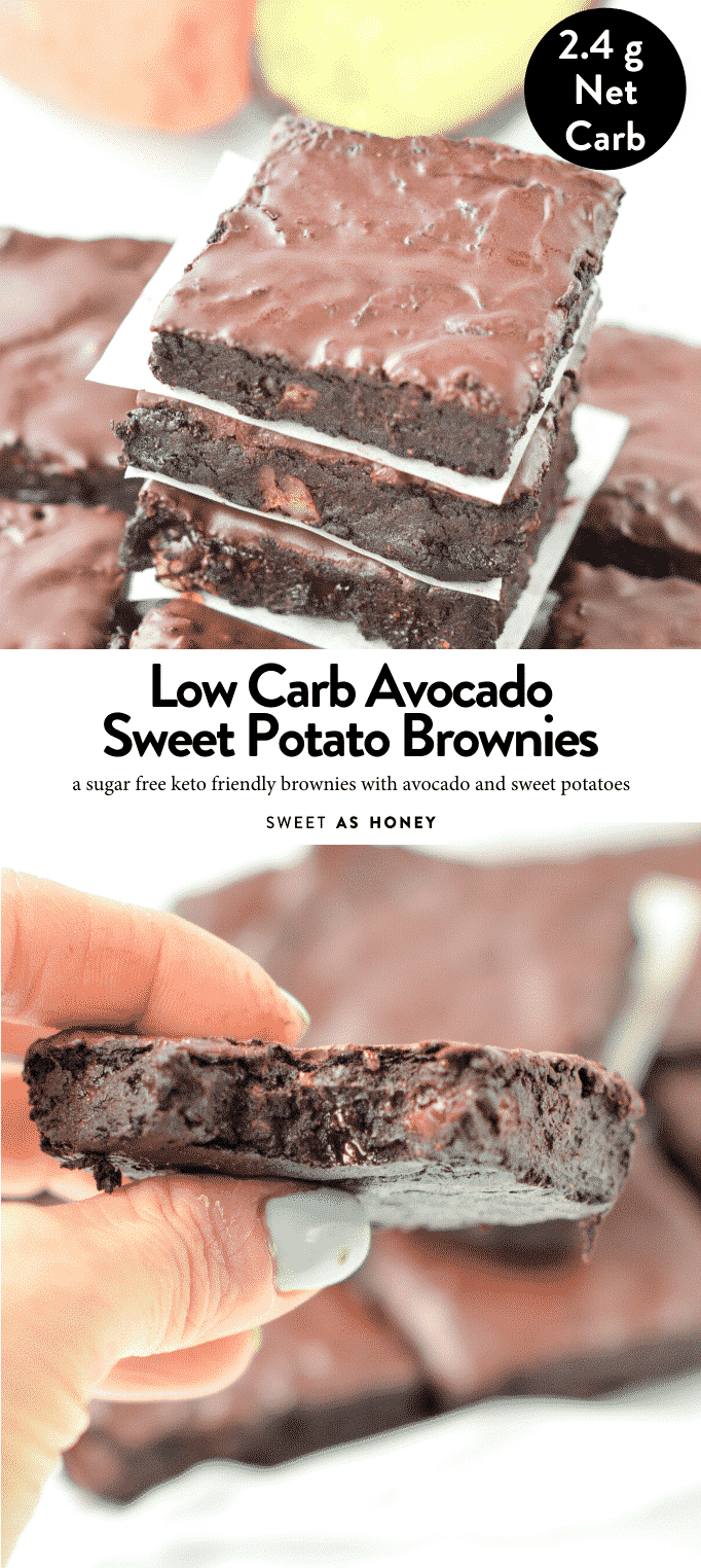 Sweet potato brownies paleo, gluten free, grain free and sugar free. A delicious clean eating coconut flour recipe with the most amazing fudgy chocolate texture and only 44 calories per slice and 2.4 g net carbs. #lowcarb #brownies #sweetpotato #paleo #vegan #glutenfree