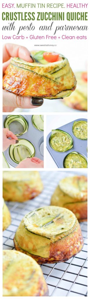 Single Serve CRUSTLESS ZUCCHINI QUICHE with Pesto and Parmesan. Low carb, 8.5g of net carbs per serve, fulfilling with 18.5g protein per serve. A healthy brunch recipe for the eggs lover. Clean eating quiche. Paleo + low carb. Muffin tin eggs recipe.