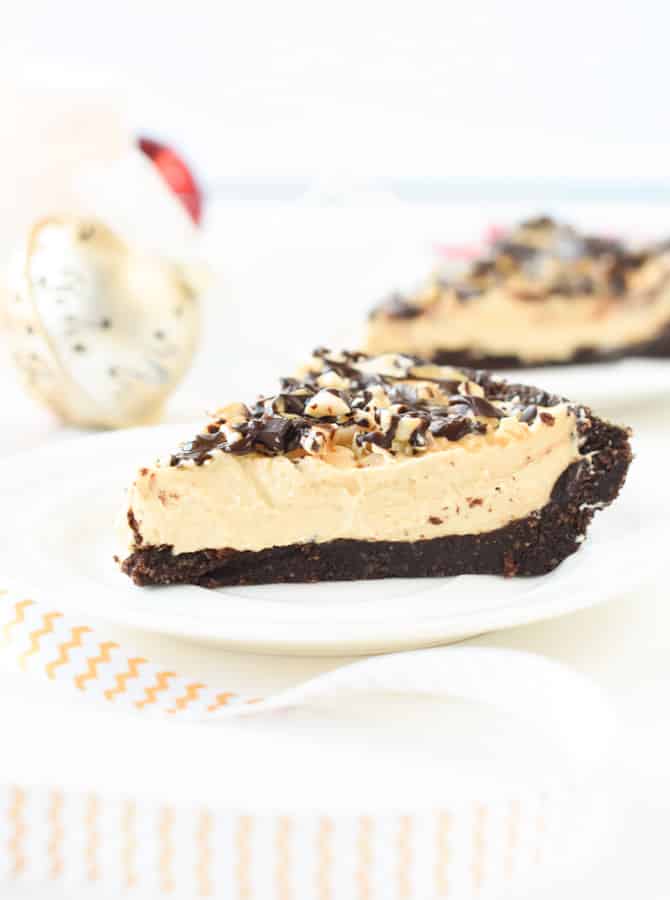 Side view of a slice of keto peanut butter pie